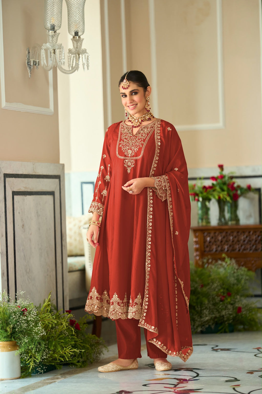 Embroidered Chinnon Salwar Kameez Set - product view 6 | Desi Clothing USA