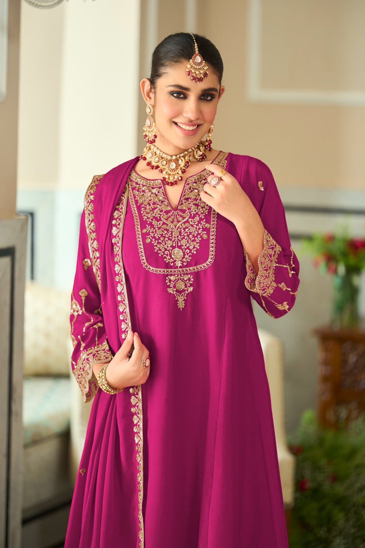 Embroidered Chinnon Salwar Kameez Set - product view 7 | Desi Clothing USA