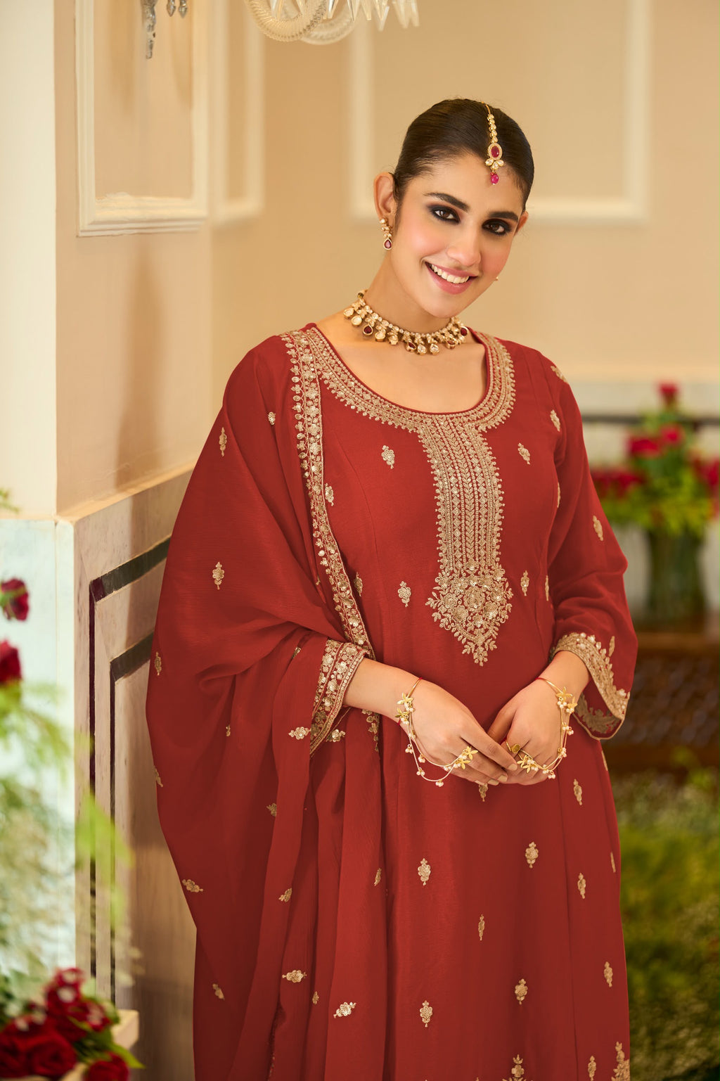Embroidered Chinnon Salwar Kameez Set - product view 7 | Desi Clothing USA