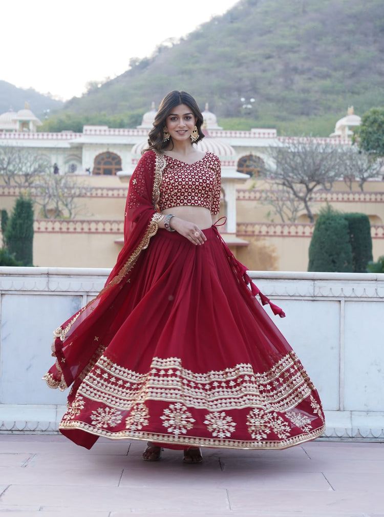 Red/shocking and Plum Georgette Chiffon Sequins Lehenga Choli - full outfit view