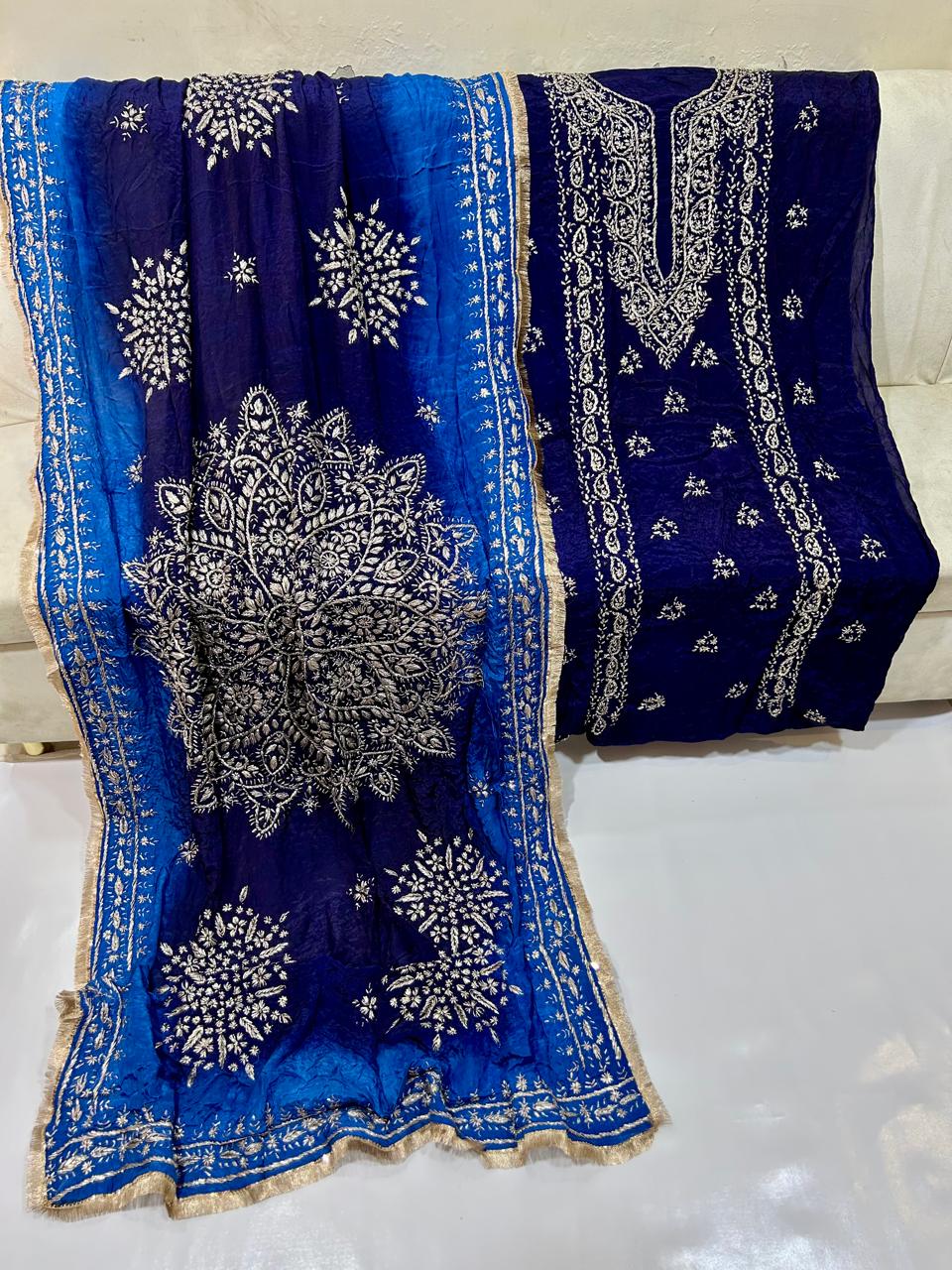 Royal blue and navy unstitched embroidered dress material