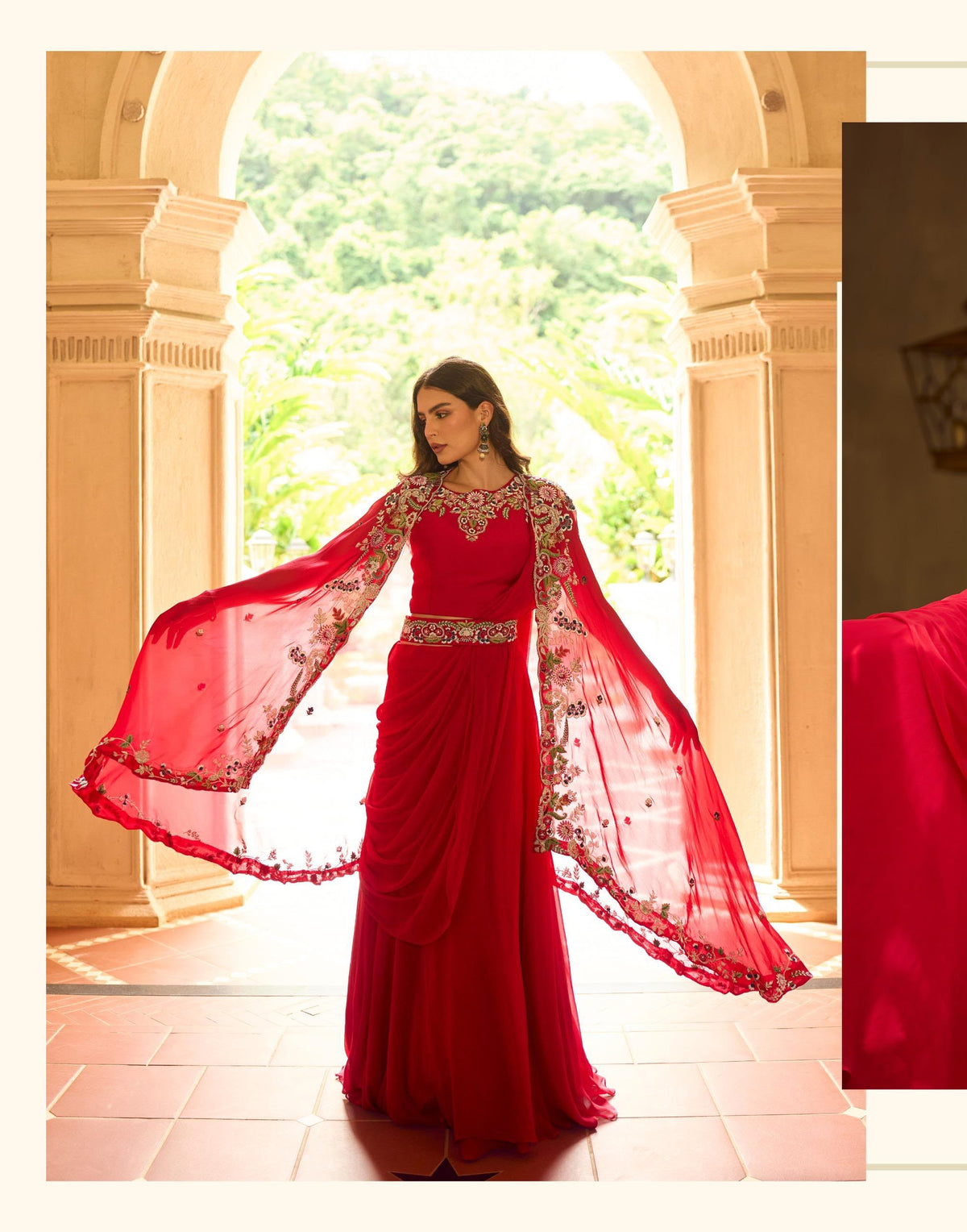 Sayuri Gauhar Red Cape Lehenga Full Look
