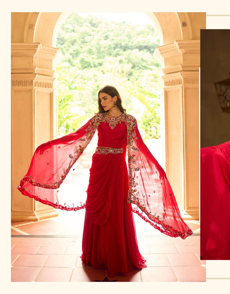 Sayuri Gauhar Red Cape Lehenga Full Look