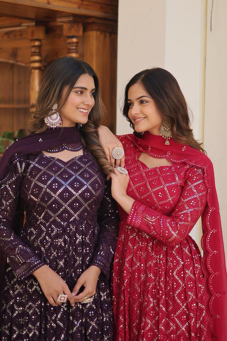 Shocking Pink and Plum Georgette Chiffon Sequins Gown and Dupatta Set - full outfit view