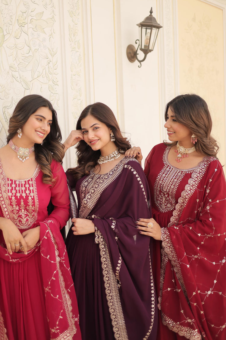 Shocking Pink and Red Georgette Chiffon Sequins Gown and Dupatta Set - full outfit view